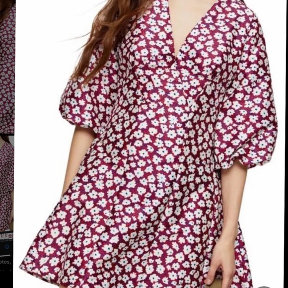 Topshop Petite Daisy Floral Print Puff Sleeve Mini Dress - Picture 3 of 4
